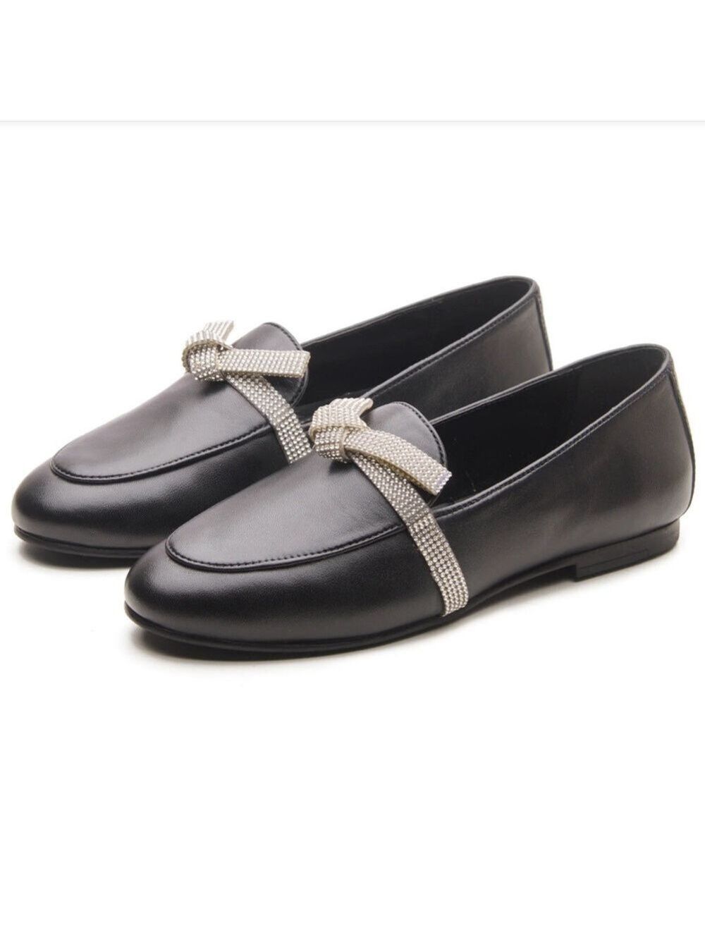 Allonsi Ariana Black Embellished Bow Leather Loafers, Size 8.